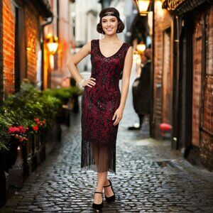 Unbranded Vintage 1920s Flapper Midi Dress Sequin A-Line Sheer Party Costume Red